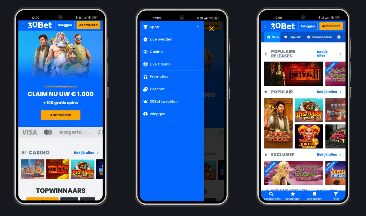 Mobiele versie van 30bet Casino met navigatiemenu, casinospellen en sportsbook op smartphones